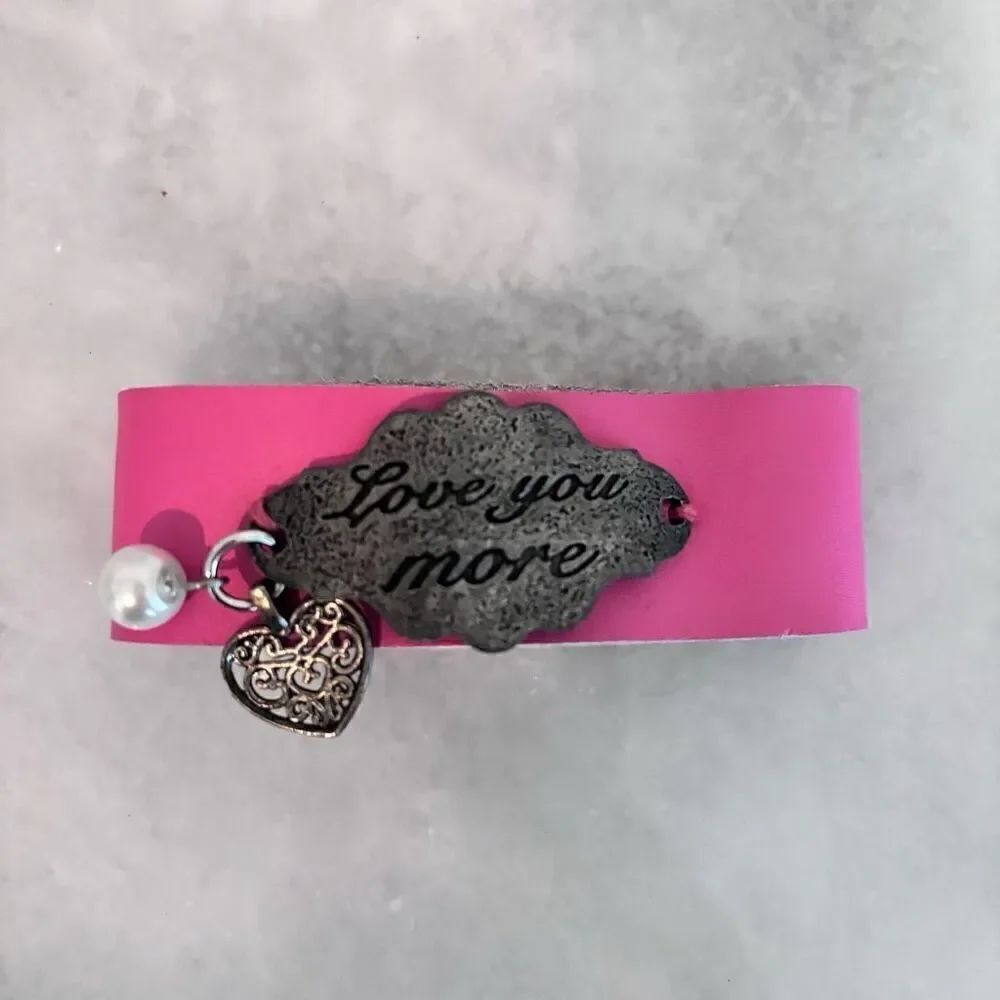 NWOT Etsy Love You More Leather Strap Heart & Faux Pearl Cuff Bracelet Pink OS
